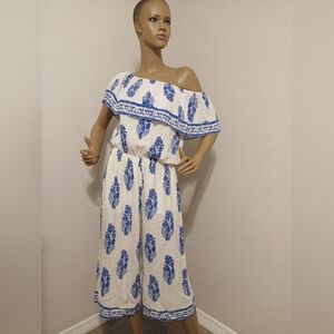 Kori America Off-Shoulder Blue and White Jumpsuit